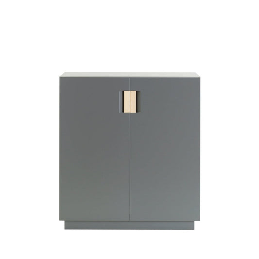 Designed by Anya Sebton and Eva Lilja Löwenhielm 2014.  Storage unit with 1 sliding door with leather-covered handles and two lacquered adjustable shelves.