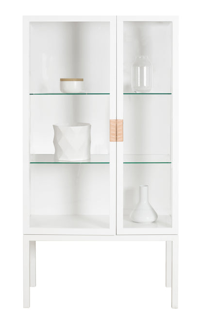 Designed by Anya Sebton and Eva Lilja Löwenhielm 2014.  Glass cabinet with lacquered MDF frame, stand in lacquered metal, doors and sides in glass with twined leather handles. Including two glass shelves.