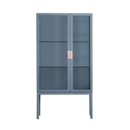 Designed by Anya Sebton and Eva Lilja Löwenhielm 2014.  Glass cabinet with lacquered MDF frame, stand in lacquered metal, doors and sides in glass with twined leather handles. Including two glass shelves.