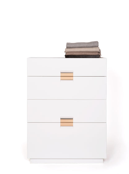 Designed by Anya Sebton and Eva Lilja Löwenhielm 2014.  Storage unit with 4 drawers and handles in leather. 1 medium, 2 large and 1 XL drawer.&nbsp;&nbsp;