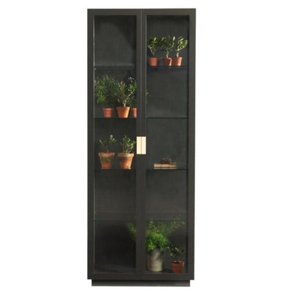 Designed by Anya Sebton and Eva Lilja Löwenhielm 2014.  The highest cabinet in the Frame series, with glass doors and handles in leather. Two glass doors and standard hinges. Four adjustable glass shelves.