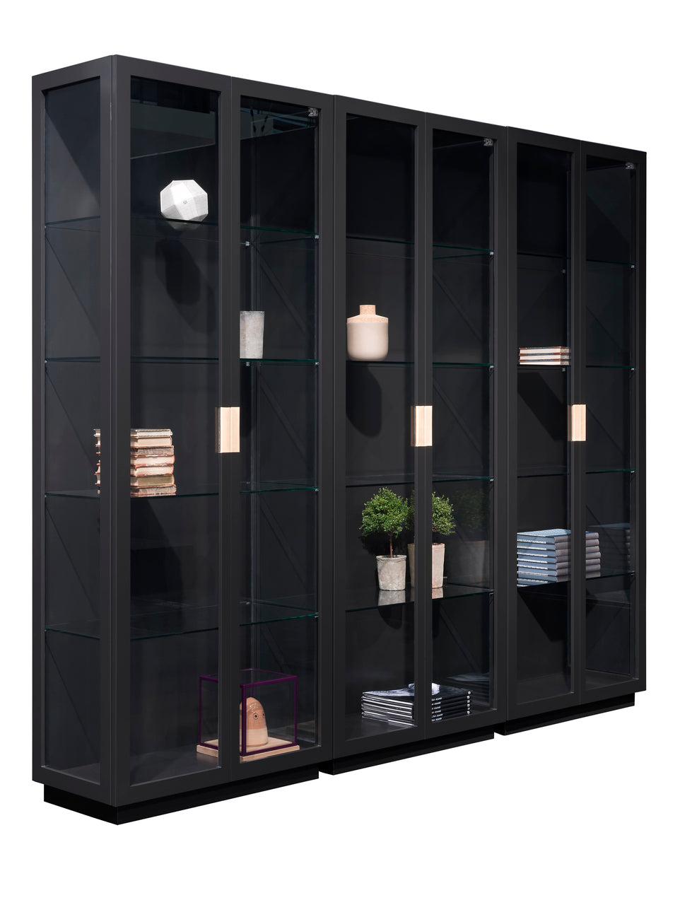 Designed by Anya Sebton and Eva Lilja Löwenhielm 2014.  The highest cabinet in the Frame series, with glass doors and handles in leather. Two glass doors and standard hinges. Four adjustable glass shelves.