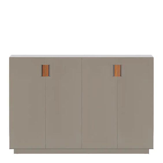 Designed by Anya Sebton and Eva Lilja Löwenhielm 2014.  Storage unit with 2 folding doors and handles in leather with 2 compartments and 2 lacquered shelves. 