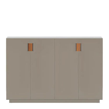 Designed by Anya Sebton and Eva Lilja Löwenhielm 2014.  Storage unit with 2 folding doors and handles in leather with 2 compartments and 2 lacquered shelves. 