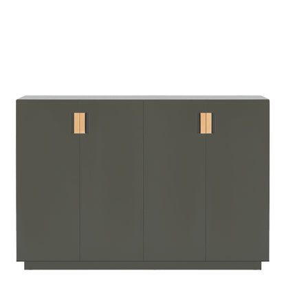 Designed by Anya Sebton and Eva Lilja Löwenhielm 2014.  Storage unit with 2 folding doors and handles in leather with 2 compartments and 2 lacquered shelves. 