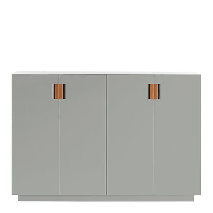 Designed by Anya Sebton and Eva Lilja Löwenhielm 2014.  Storage unit with 2 folding doors and handles in leather with 2 compartments and 2 lacquered shelves. 