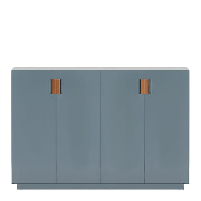Designed by Anya Sebton and Eva Lilja Löwenhielm 2014.  Storage unit with 2 folding doors and handles in leather with 2 compartments and 2 lacquered shelves. 