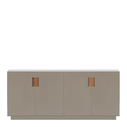 Designed by Anya Sebton and Eva Lilja Löwenhielm 2014.  Storage unit with 2 folding doors and handles in leather with 2 compartments and 2 lacquered shelves. 