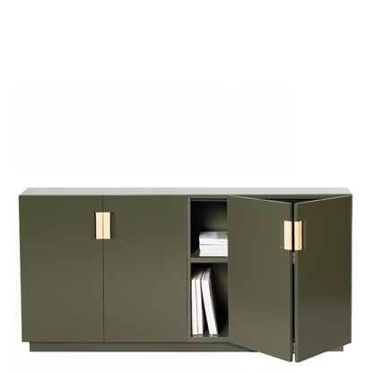 Designed by Anya Sebton and Eva Lilja Löwenhielm 2014.  Storage unit with 2 folding doors and handles in leather with 2 compartments and 2 lacquered shelves. 