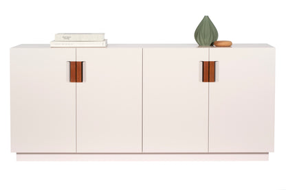 Designed by Anya Sebton and Eva Lilja Löwenhielm 2014.  Storage unit with 2 folding doors and handles in leather with 2 compartments and 2 lacquered shelves. 