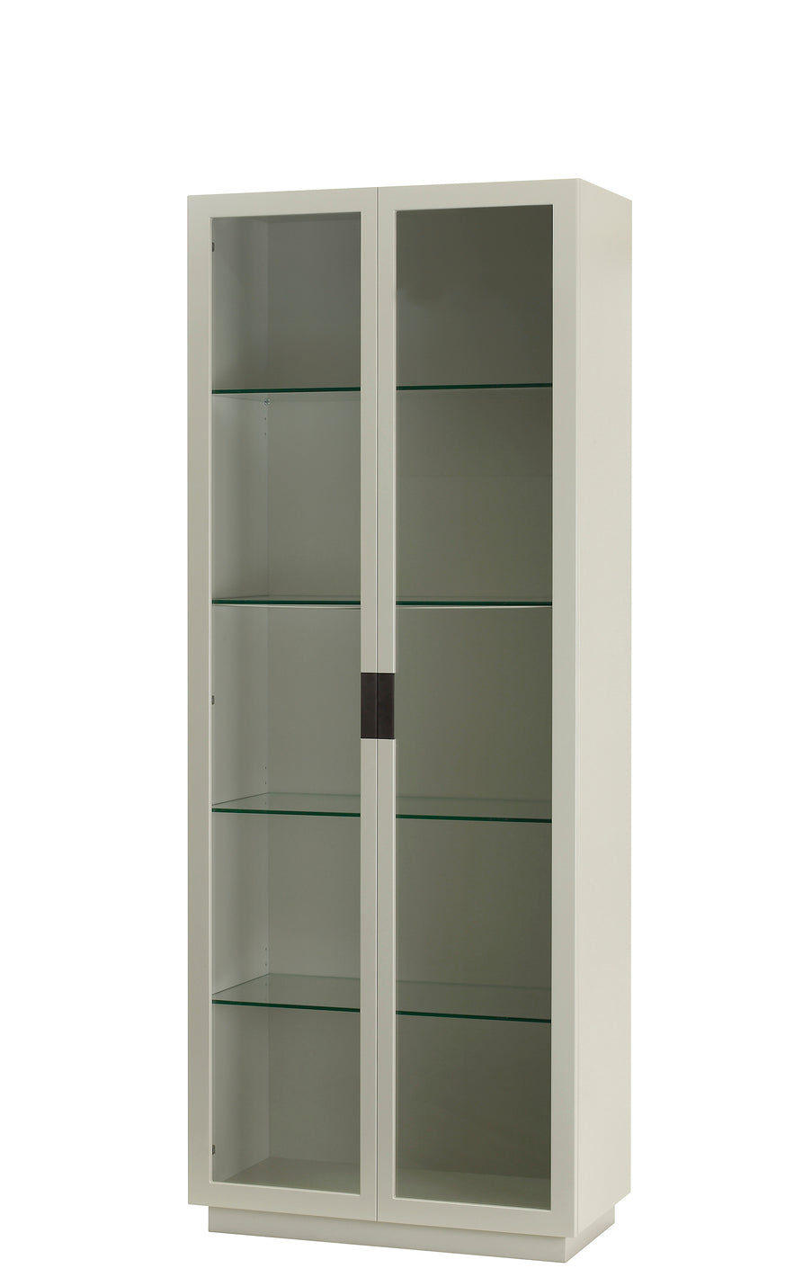 Designed by Anya Sebton and Eva Lilja Löwenhielm 2014.  The highest cabinet in the Frame series, with glass doors and handles in leather. Two glass doors and standard hinges. Four adjustable glass shelves.