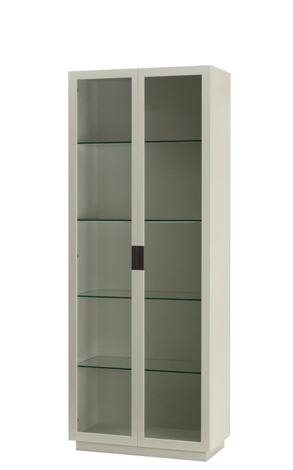 Designed by Anya Sebton and Eva Lilja Löwenhielm 2014.  The highest cabinet in the Frame series, with glass doors and handles in leather. Two glass doors and standard hinges. Four adjustable glass shelves.