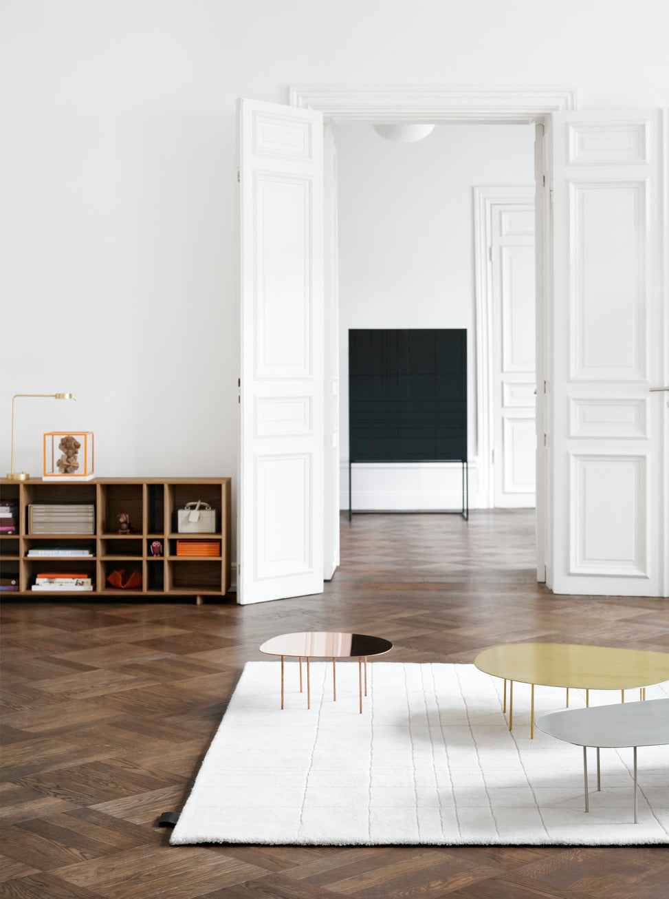 Designed by Claesson Koivisto Rune 2010.  The Kilt Sideboard 180 (Open) open storage in oak veneer with a fixed interior. Sideboard and runners in monochrome colors.