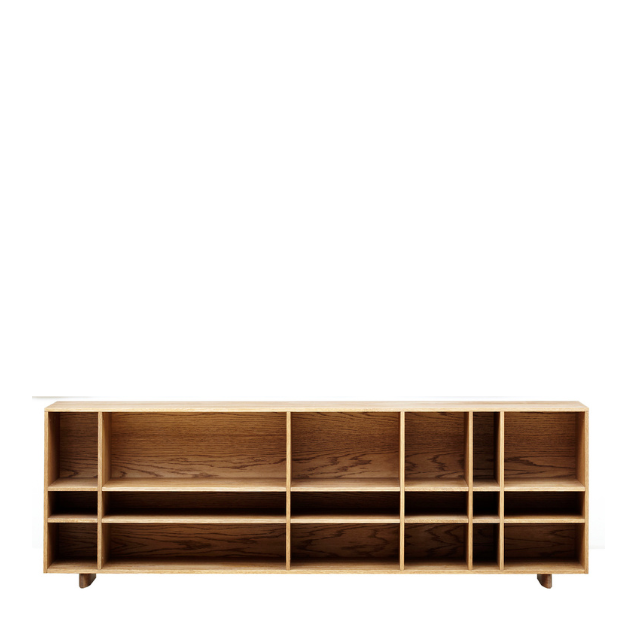 Designed by Claesson Koivisto Rune 2010.  The Kilt Sideboard 180 (Open) open storage in oak veneer with a fixed interior. Sideboard and runners in monochrome colors.