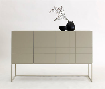 Designed by Claesson Koivisto Rune 2011.  Cabinet in lacquered MDF with lacquered metal stand in the same color. Opening in the back for ventilation or cables.