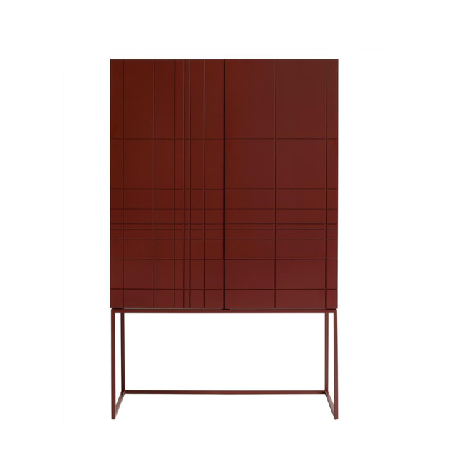 Designed by Claesson Koivisto Rune 2011.  Cabinet in lacquered MDF with lacquered metal stand in the same color. The cabinet has two doors and two drawers—inside a drawer in birch.