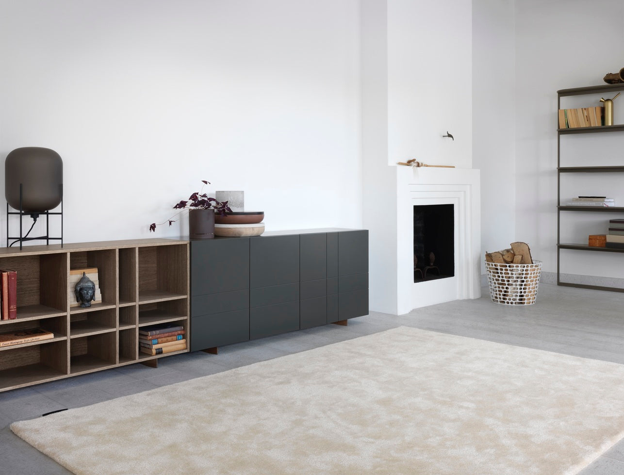 Designed by Claesson Koivisto Rune 2010.  The Kilt Sideboard 180 (Open) open storage in oak veneer with a fixed interior. Sideboard and runners in monochrome colors.