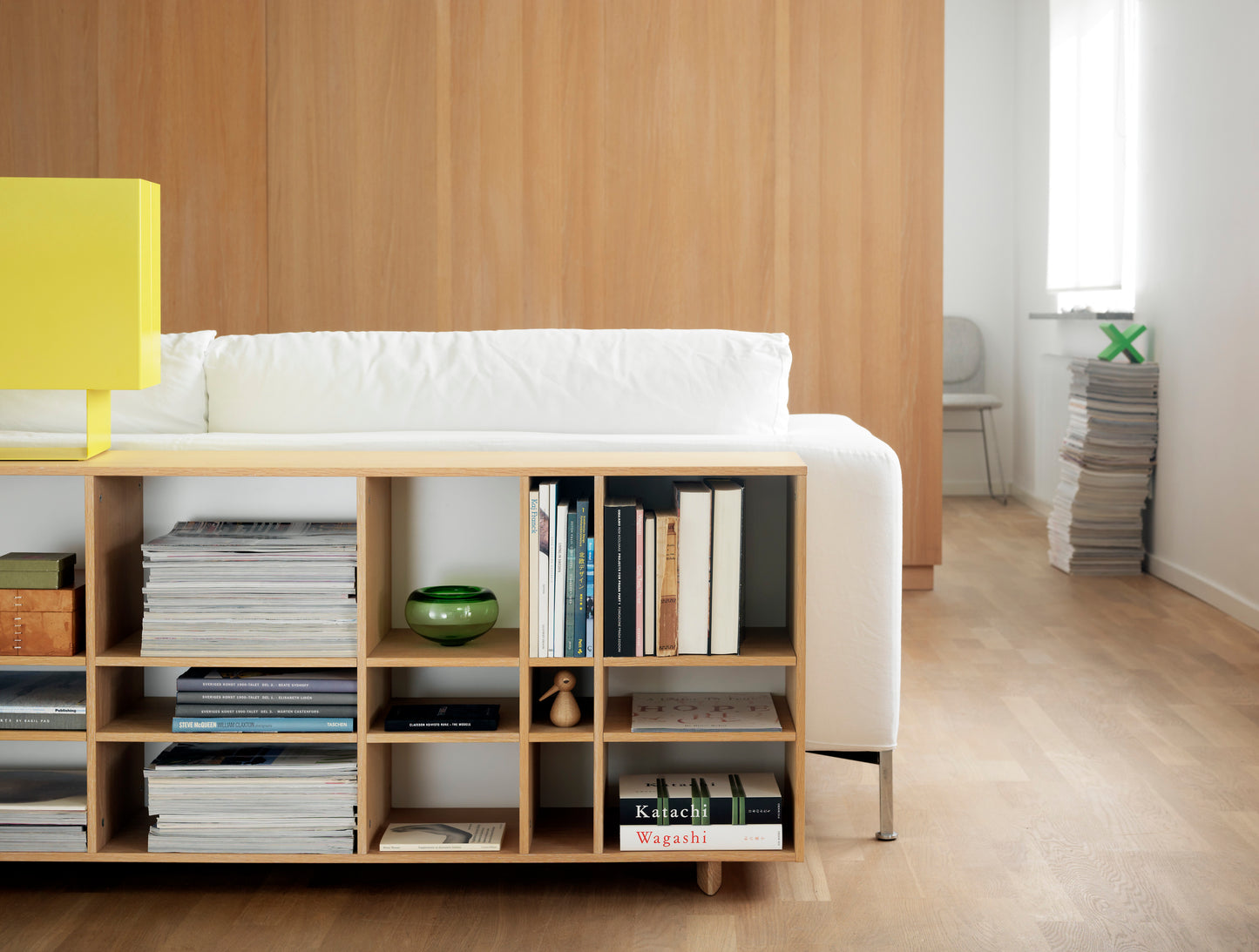 Designed by Claesson Koivisto Rune 2010.  The Kilt Sideboard 180 (Open) open storage in oak veneer with a fixed interior. Sideboard and runners in monochrome colors.