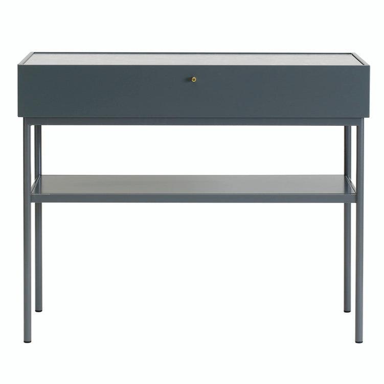 Designed by Broberg and Ridderstråle 2015.  Console in lacquered MDF with one drawer with a brass knob and a lacquered MDF shelf. Stand in lacquered metal and top in stone or oak veneer. Only available in monochrome colors on drawers, shelves, and stand.