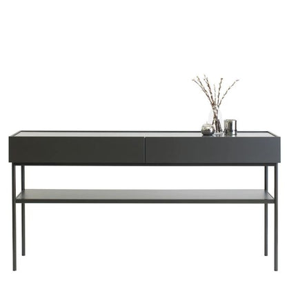 Designed by Broberg and Ridderstråle 2015.  Console in lacquered MDF with 2 drawers with brass knobs and a lacquered MDF shelf. Stand in lacquered metal and top in stone or oak veneer. 