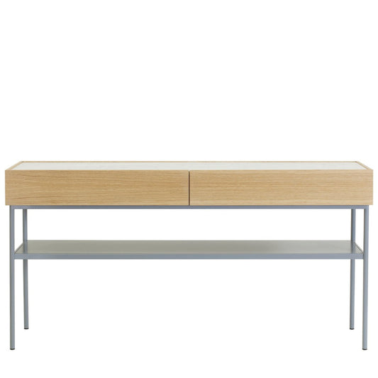 Designed by Broberg and Ridderstråle 2015.  Console in lacquered MDF with 2 drawers with brass knobs and a lacquered MDF shelf. Stand in lacquered metal and top in stone or oak veneer. 