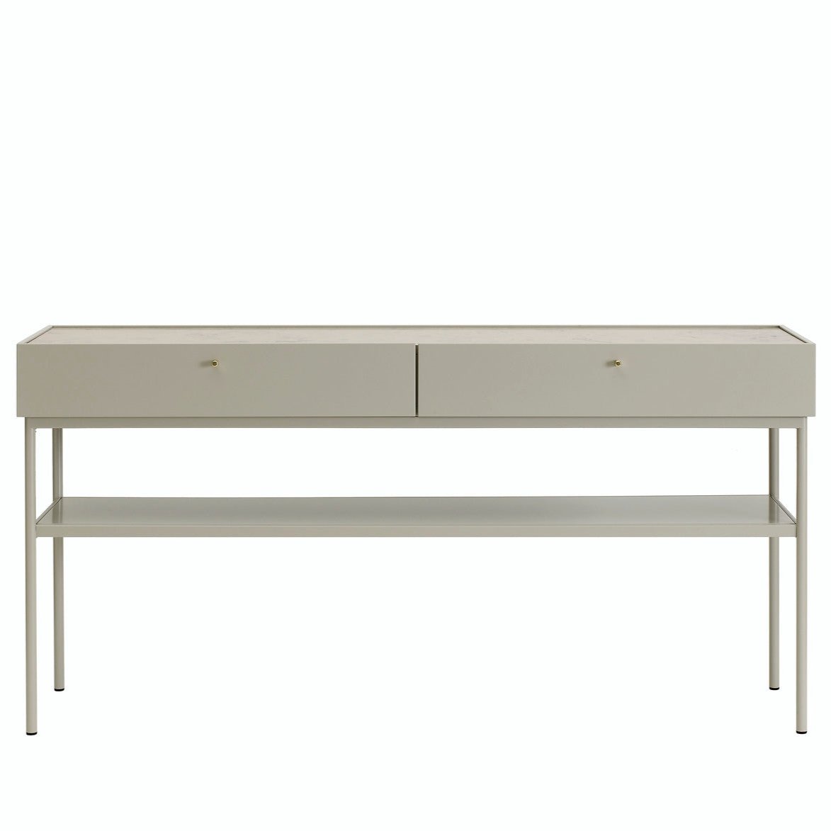 Designed by Broberg and Ridderstråle 2015.  Console in lacquered MDF with 2 drawers with brass knobs and a lacquered MDF shelf. Stand in lacquered metal and top in stone or oak veneer. 