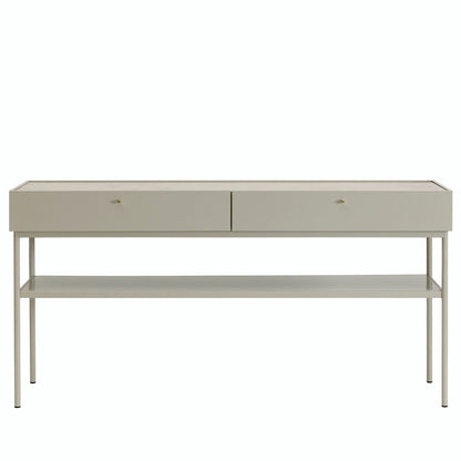 Designed by Broberg and Ridderstråle 2015.  Console in lacquered MDF with 2 drawers with brass knobs and a lacquered MDF shelf. Stand in lacquered metal and top in stone or oak veneer. 