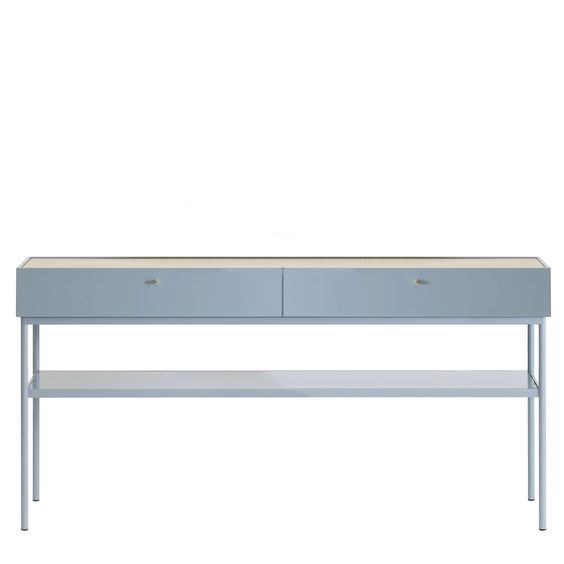 Designed by Broberg and Ridderstråle 2015.  Console in lacquered MDF with 2 drawers with brass knobs and a lacquered MDF shelf. Stand in lacquered metal and top in stone or oak veneer. 