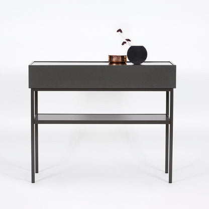 Designed by Broberg and Ridderstråle 2015.  Console in lacquered MDF with one drawer with a brass knob and a lacquered MDF shelf. Stand in lacquered metal and top in stone or oak veneer. Only available in monochrome colors on drawers, shelves, and stand.