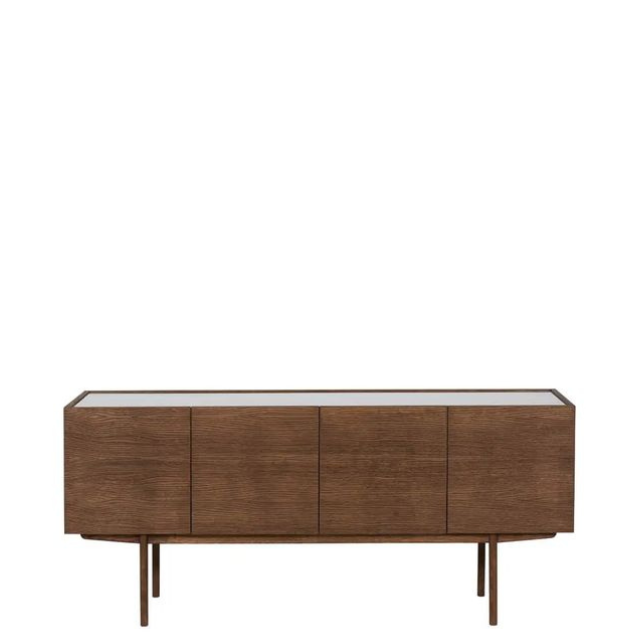 Designed by Broberg and Ridderstråle.  Storage in oak veneer with a wooden base and glass on wood top. Cabinet with two compartments and four doors. One shelf in each compartment.