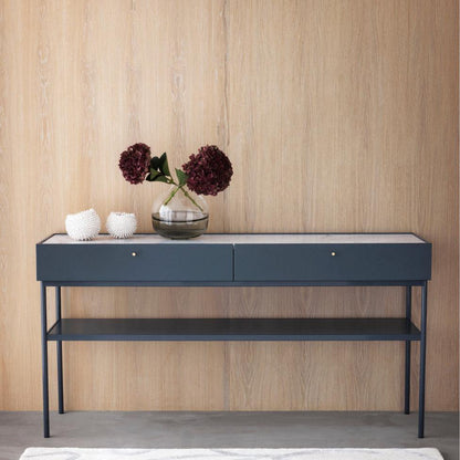 Designed by Broberg and Ridderstråle 2015.  Console in lacquered MDF with 2 drawers with brass knobs and a lacquered MDF shelf. Stand in lacquered metal and top in stone or oak veneer. 