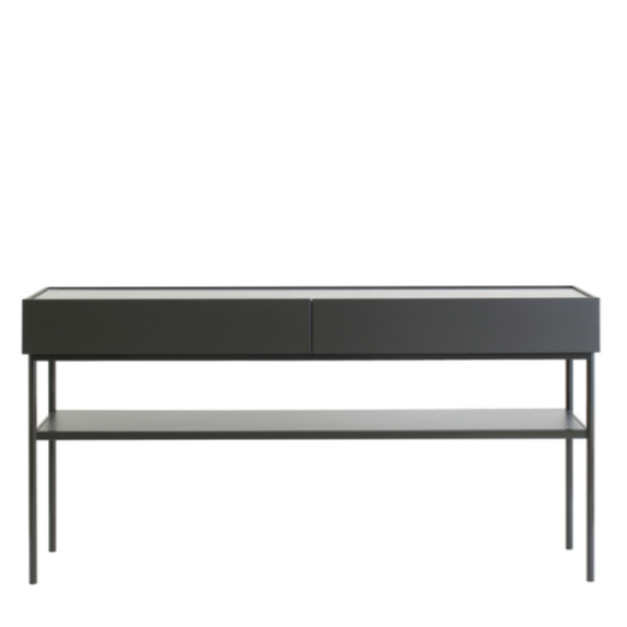 Designed by Broberg and Ridderstråle 2015.  Console in lacquered MDF with 2 drawers with brass knobs and a lacquered MDF shelf. Stand in lacquered metal and top in stone or oak veneer. 