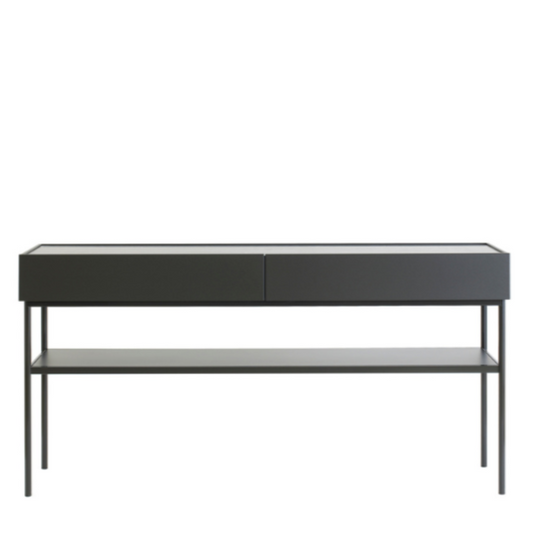 Designed by Broberg and Ridderstråle 2015.  Console in lacquered MDF with 2 drawers with brass knobs and a lacquered MDF shelf. Stand in lacquered metal and top in stone or oak veneer. 