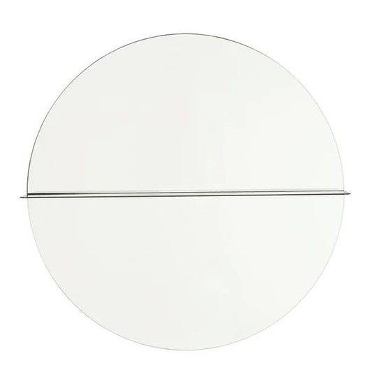 Designed by Anya Sebton and Eva Lilja Löwenhielm 2016.  Round mirror with a horizontal metal shelf. Metal wall fixture included. Screws for attachment against the wall are not included.