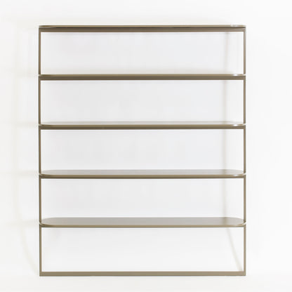 Designed by Broberg and Ridderstråle 2018.  Shelving system with 5 shelves, a lacquered metal structure, and shelves in lacquered oak. Floor standing with wall attachment.