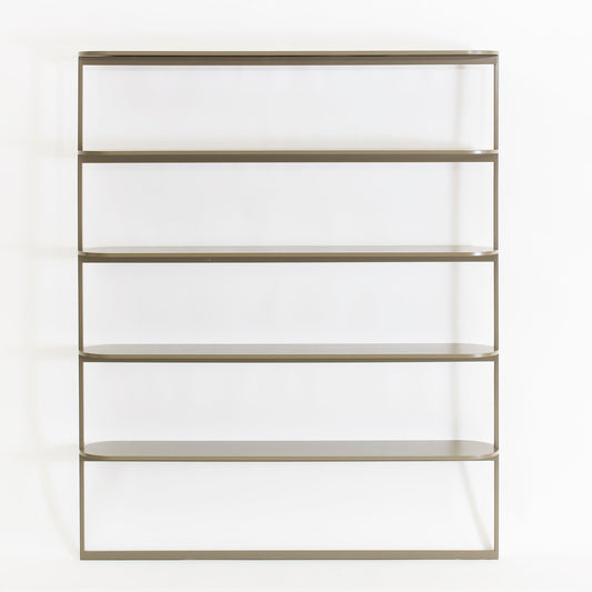 Designed by Broberg and Ridderstråle 2018.  Shelving system with 5 shelves, a lacquered metal structure, and shelves in lacquered oak. Floor standing with wall attachment.