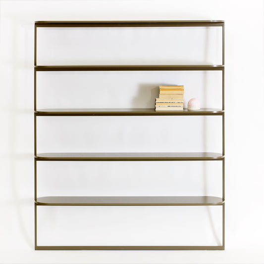 Designed by Broberg and Ridderstråle 2018.  Shelving system with 5 shelves, a lacquered metal structure, and shelves in lacquered oak. Floor standing with wall attachment.