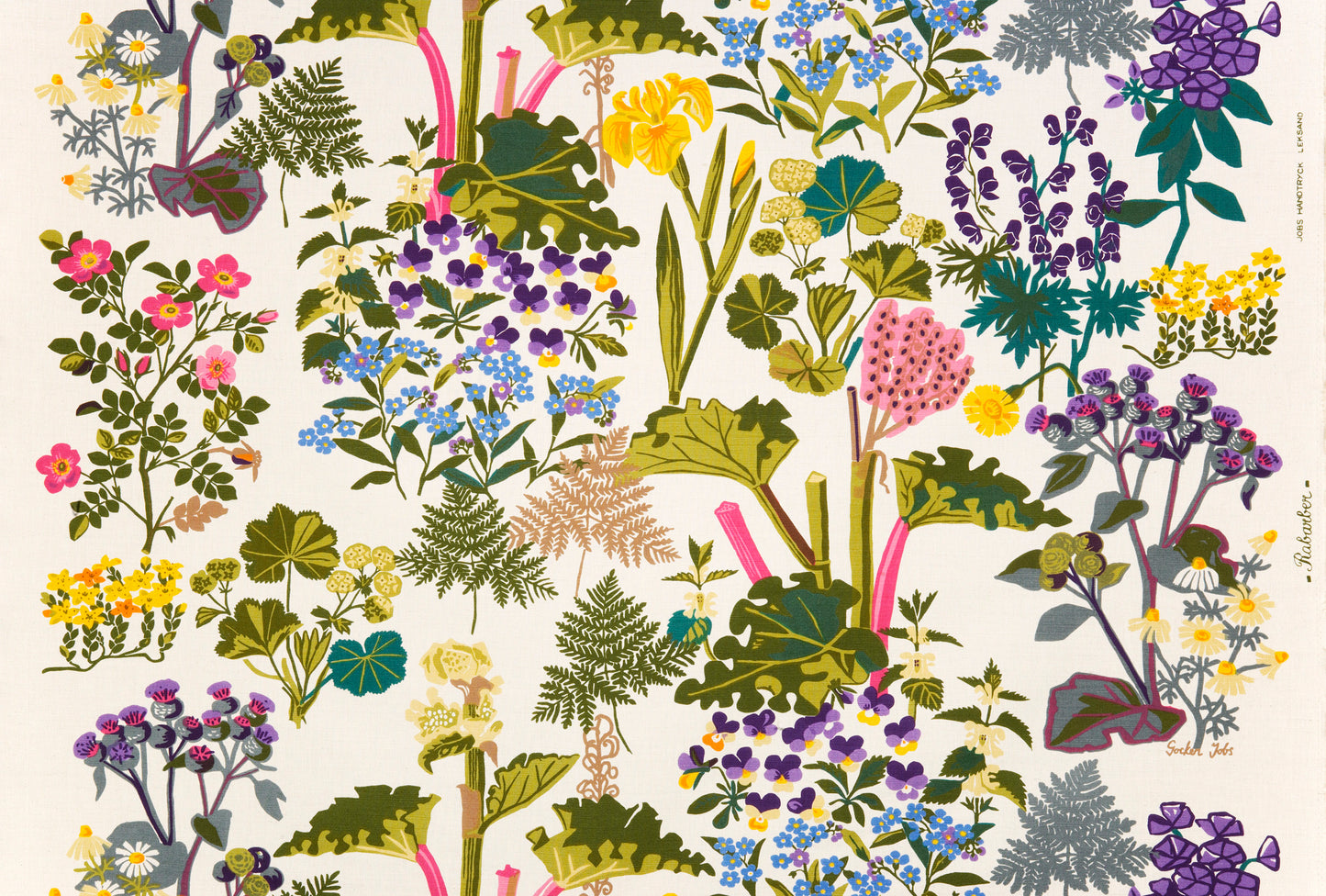 The Rabarber Fabric designed by Gocken Jobs 1968 boasts a vibrant, multi-colored pattern with lush plants including iris, viola, and rhubarb.