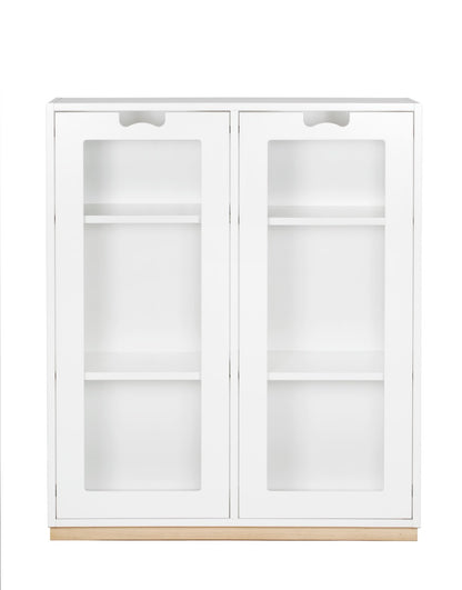 Designed by Thomas Sandell and Jonas Bohlin 1994.   The classic Snow Cabinet E has 2 soft-closing glass doors, a middle partition, and four shelves. Extra shelves can be ordered.  Choose between two depths.