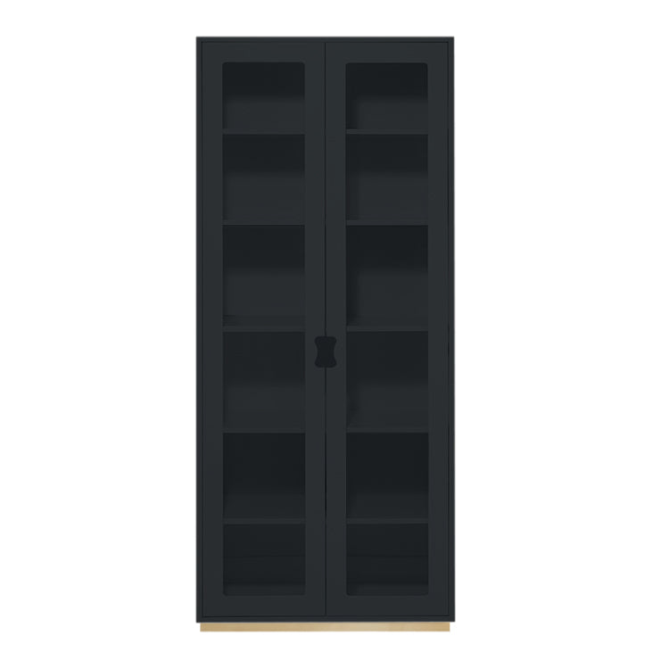 Designed by Thomas Sandell and Jonas Bohlin 1994.   The classic high Snow Cabinet F has two soft-closing glass doors, 4 adjustable lacquered shelves, and 1 fixed shelf. Extra shelves can be ordered. Choose between two depths.