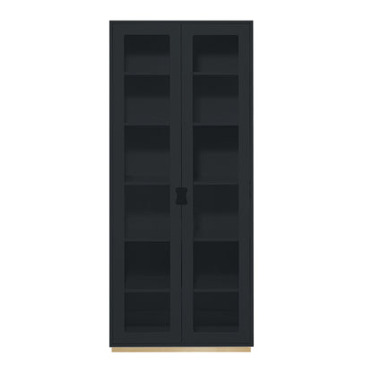 Designed by Thomas Sandell and Jonas Bohlin 1994.   The classic high Snow Cabinet F has two soft-closing glass doors, 4 adjustable lacquered shelves, and 1 fixed shelf. Extra shelves can be ordered. Choose between two depths.