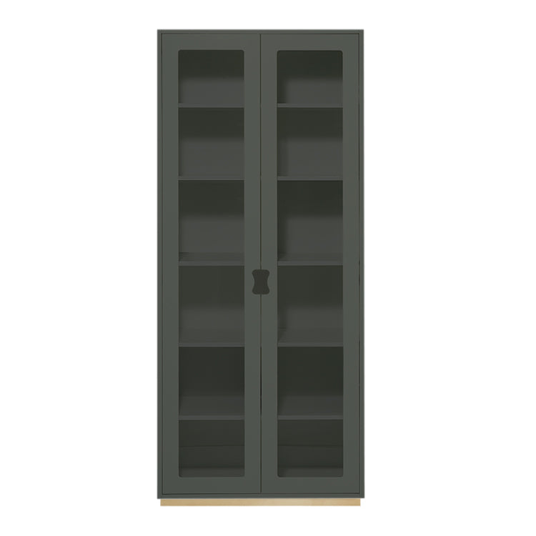 Designed by Thomas Sandell and Jonas Bohlin 1994.   The classic high Snow Cabinet F has two soft-closing glass doors, 4 adjustable lacquered shelves, and 1 fixed shelf. Extra shelves can be ordered. Choose between two depths.