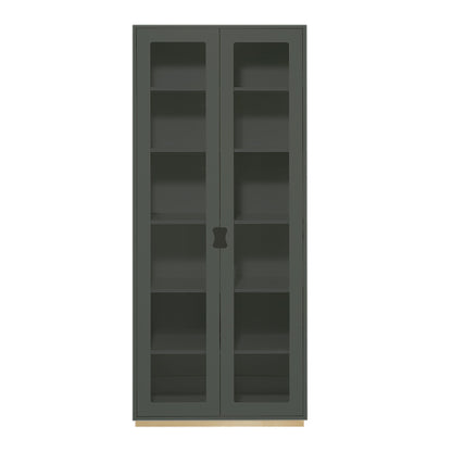 Designed by Thomas Sandell and Jonas Bohlin 1994.   The classic high Snow Cabinet F has two soft-closing glass doors, 4 adjustable lacquered shelves, and 1 fixed shelf. Extra shelves can be ordered. Choose between two depths.
