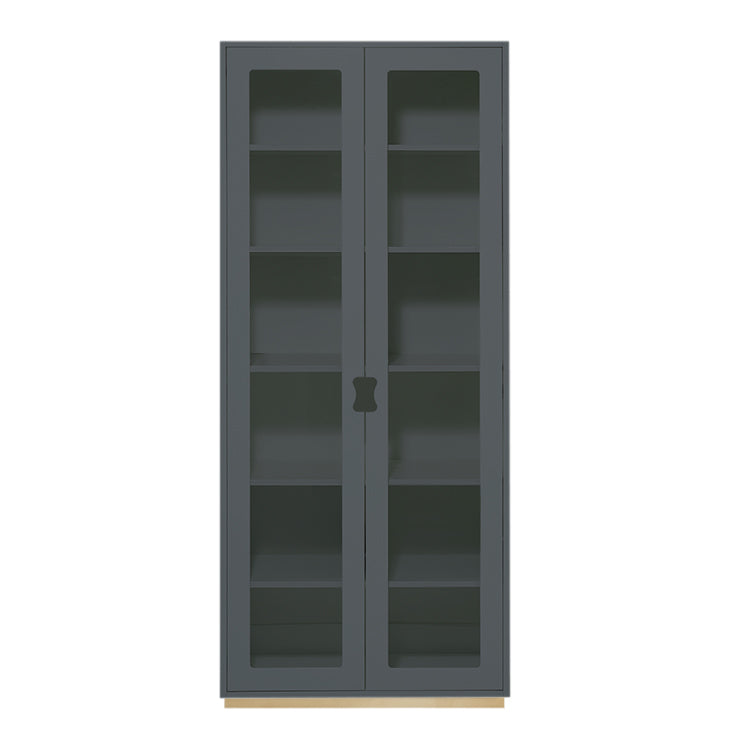 Designed by Thomas Sandell and Jonas Bohlin 1994.   The classic high Snow Cabinet F has two soft-closing glass doors, 4 adjustable lacquered shelves, and 1 fixed shelf. Extra shelves can be ordered. Choose between two depths.