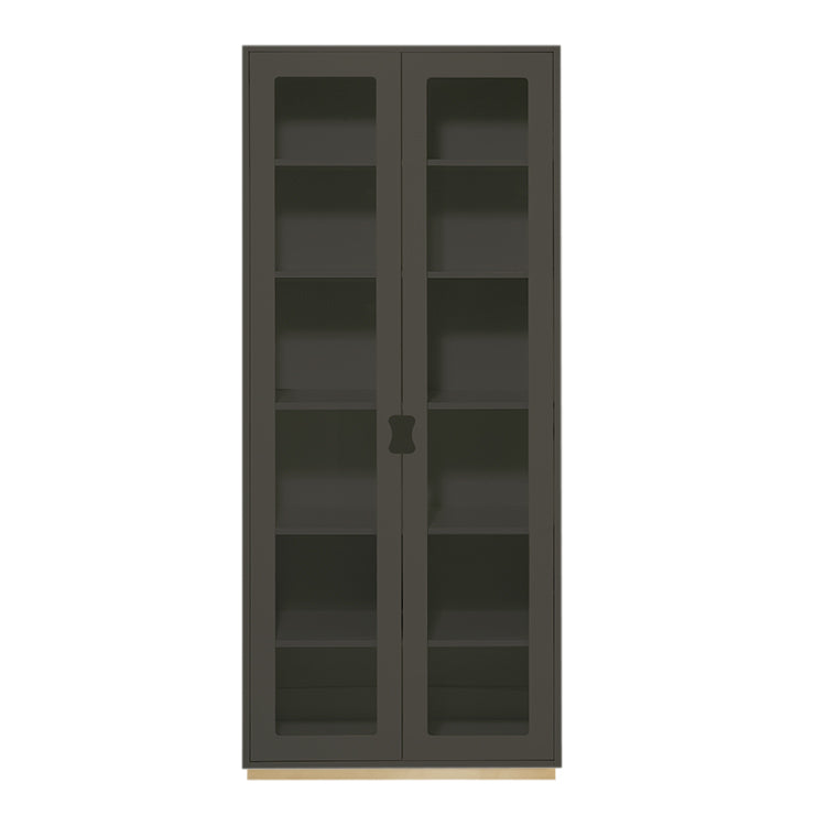 Designed by Thomas Sandell and Jonas Bohlin 1994.   The classic high Snow Cabinet F has two soft-closing glass doors, 4 adjustable lacquered shelves, and 1 fixed shelf. Extra shelves can be ordered. Choose between two depths.