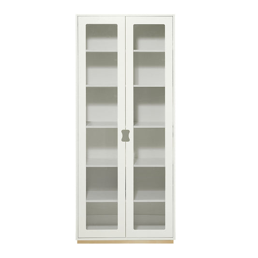 Designed by Thomas Sandell and Jonas Bohlin 1994.   The classic high Snow Cabinet F has two soft-closing glass doors, 4 adjustable lacquered shelves, and 1 fixed shelf. Extra shelves can be ordered. Choose between two depths.