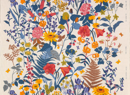 Designed by Gocken Jobs 1951 Stugrabatt depicts a blooming Swedish flower bed with elegantly illustrated flowering plants in vibrant colors. 