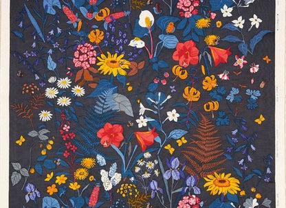 Designed by Gocken Jobs 1951. Stugrabatt features blooming native flowers with elegantly illustrated flowering plants in vibrant colors. This bold floral design has a timeless appeal and looks just as modern today as it did when it was first created. Screen printed by hand on high-quality linen/cotton woven in Belgium by Libeco-Lagae. The fabric is suitable for use in curtains and furniture.