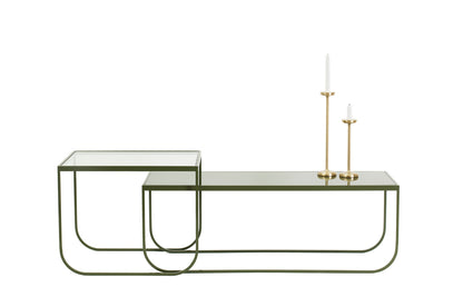Designed by Broberg and Ridderstråle 2011.  Lounge table with a bent metal structure. Tati Lounge 65 can be slid over Tati Lounge 120.