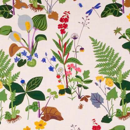 Designed by Gocken Jobs 1945 verdant plants and Swedish wildflowers bloom in the multi-colored fabric Trollslända that was first designed for NK (Nordiska Kompaniet) for a grand exhibition.